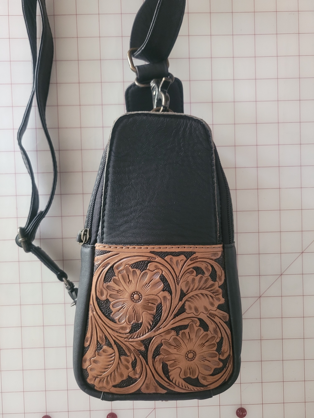 American Darling Black Sling Bag with Tan Floral Tooled Front